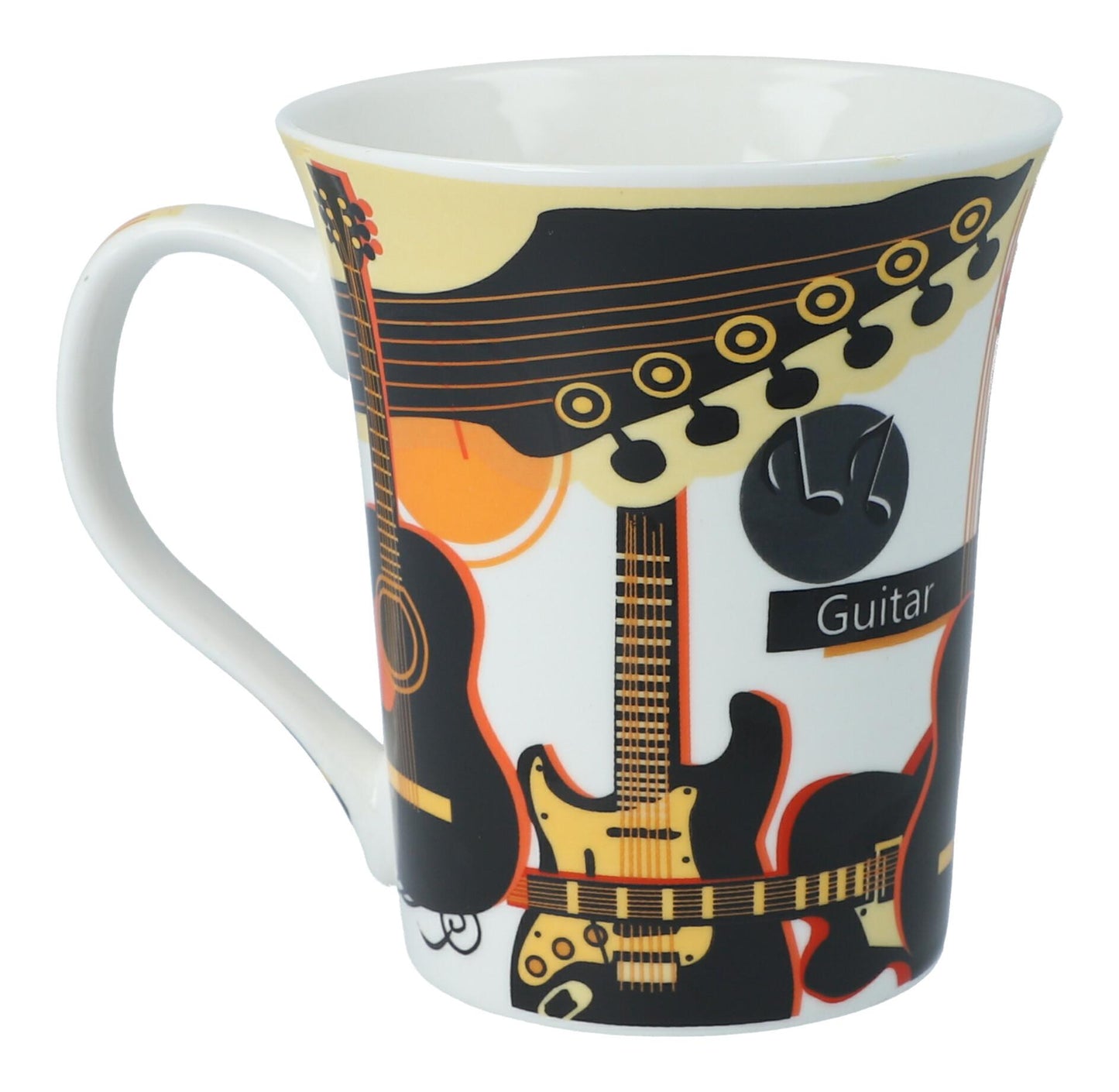 colorful instrument coffee mugs, guitars, piano or violin