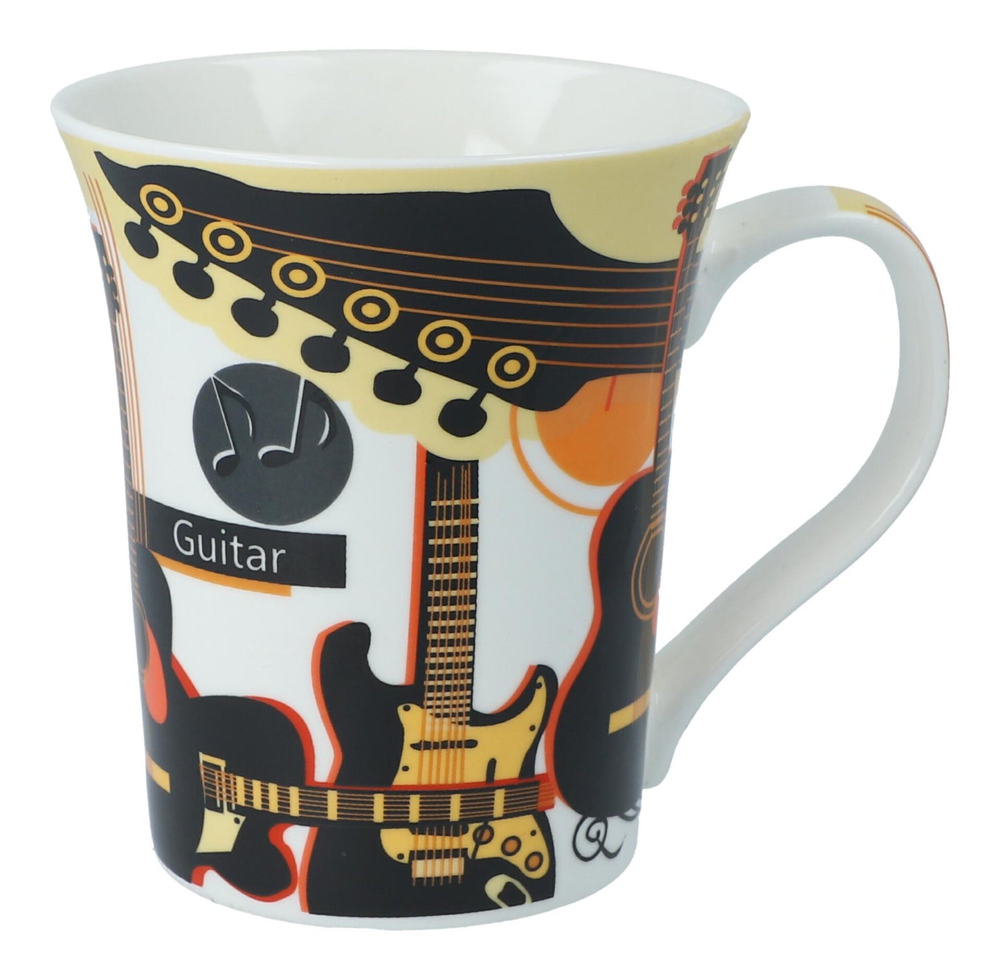 bunte Instrumenten-Kaffeebecher, Gitarren, Piano oder Violine