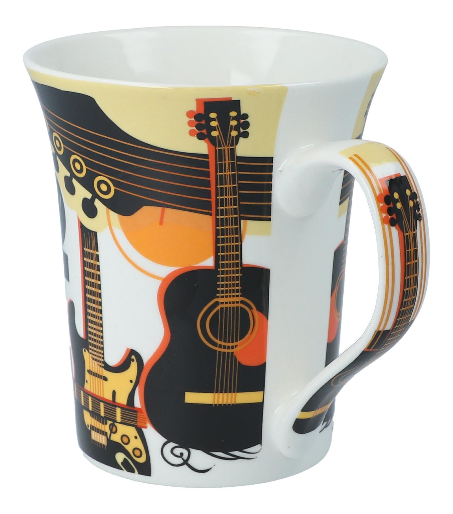 colorful instrument coffee mugs, guitars, piano or violin