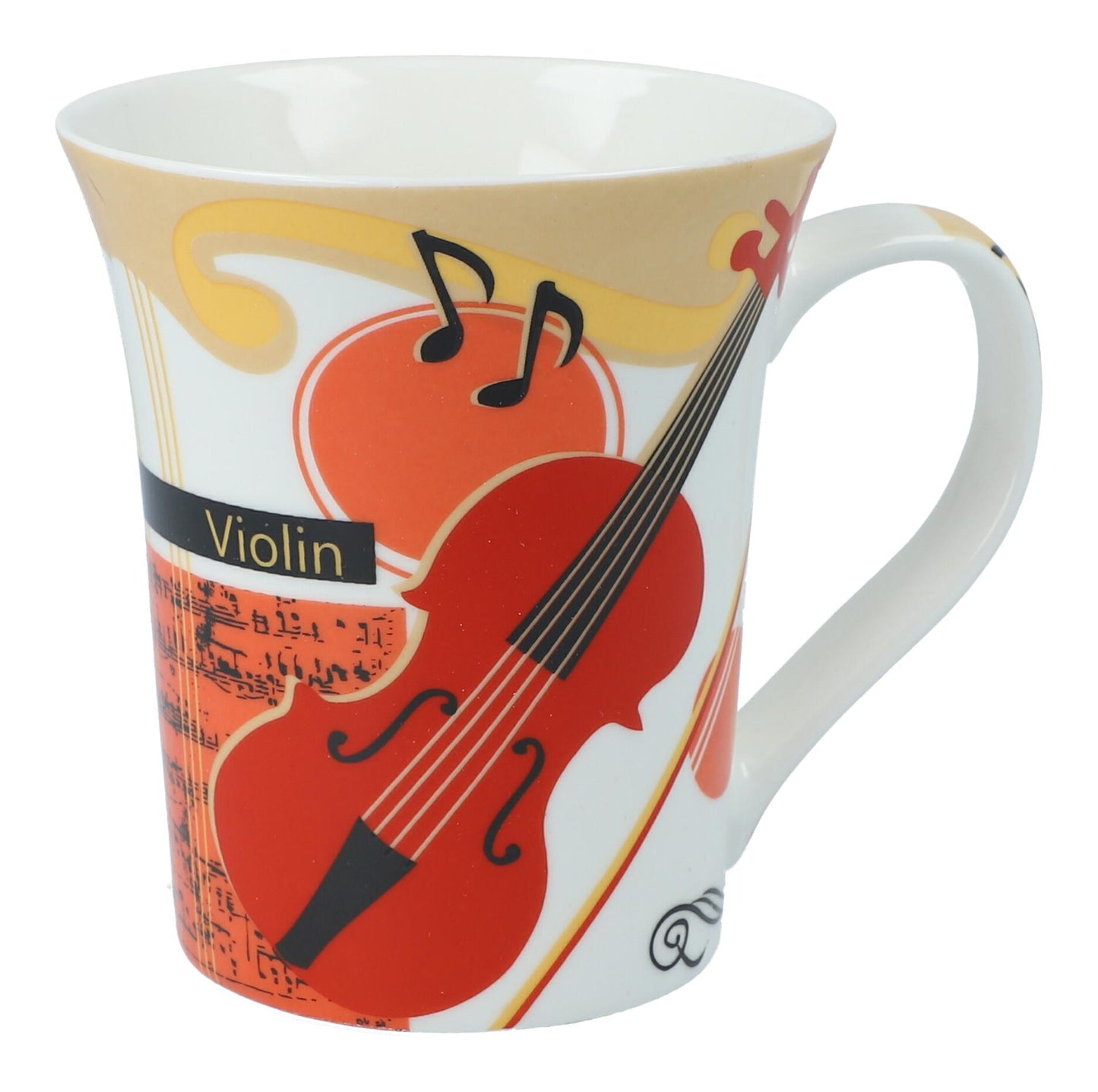 colorful instrument coffee mugs, guitars, piano or violin