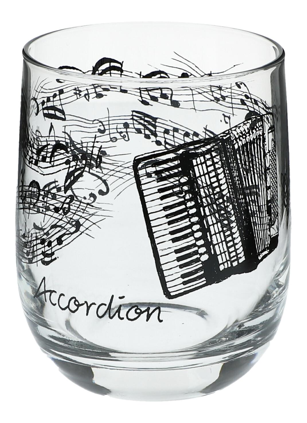 Glas mit Instrumenten und musikalischen Motiven, schwarzer Druck - Instrumente / Design: Akkordeon