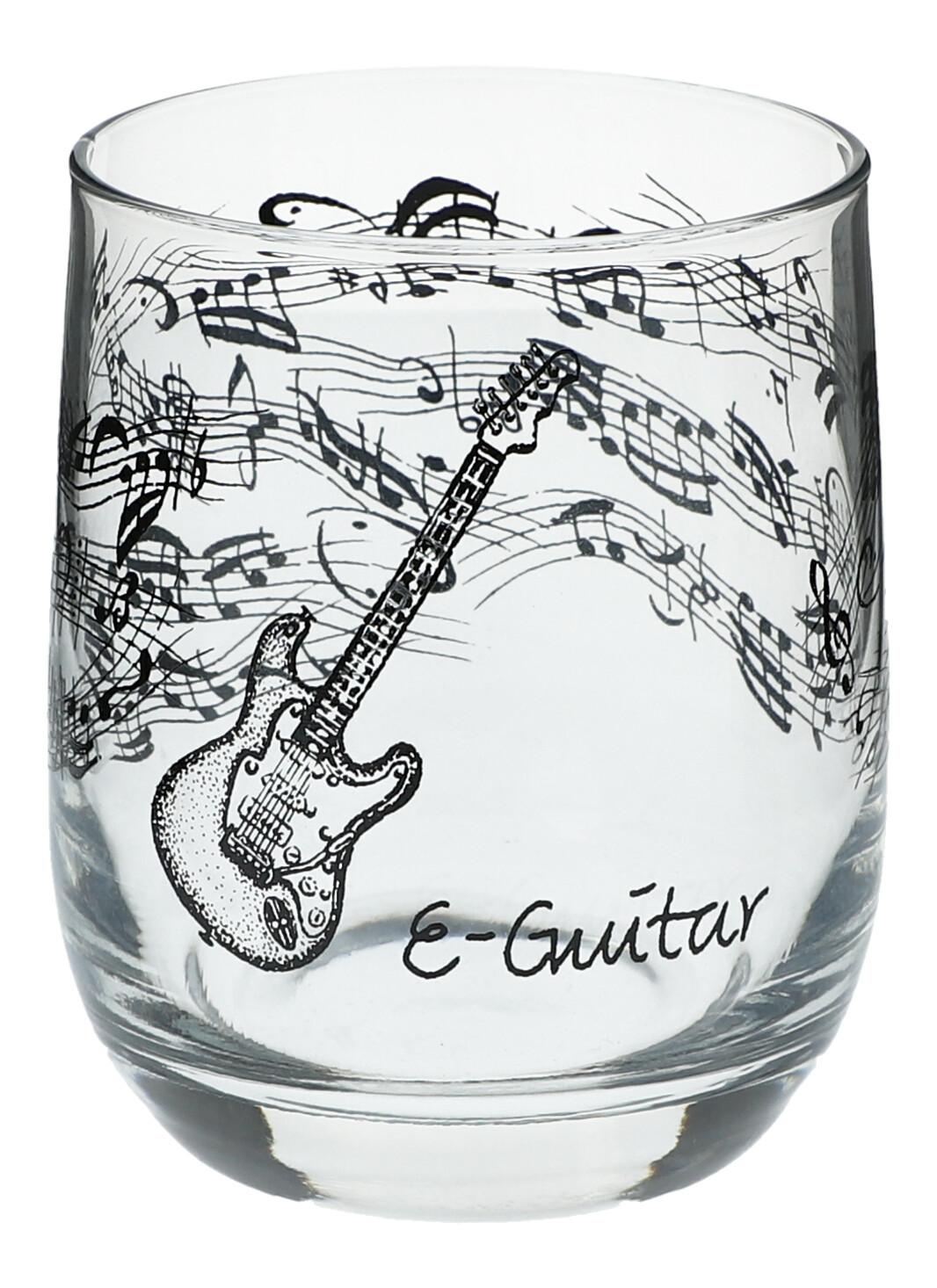 Glas mit Instrumenten und musikalischen Motiven, schwarzer Druck - Instrumente / Design: E-Gitarre