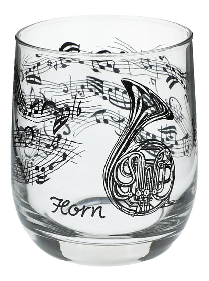 Glas mit Instrumenten und musikalischen Motiven, schwarzer Druck - Instrumente / Design: Horn