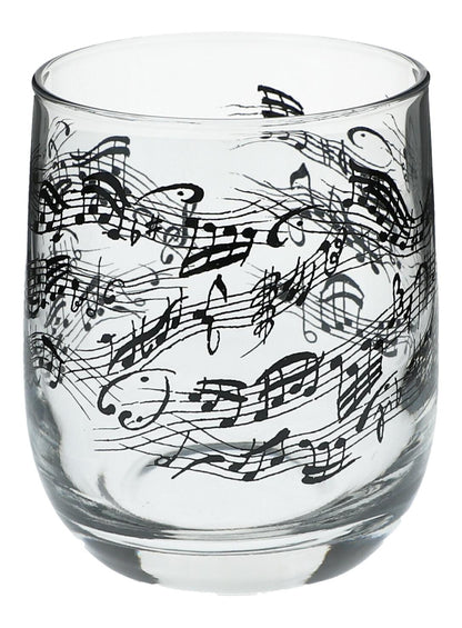 Glas mit Instrumenten und musikalischen Motiven, schwarzer Druck - Instrumente / Design: Notenlinie