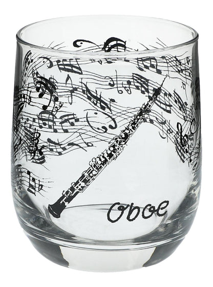 Glas mit Instrumenten und musikalischen Motiven, schwarzer Druck - Instrumente / Design: Oboe