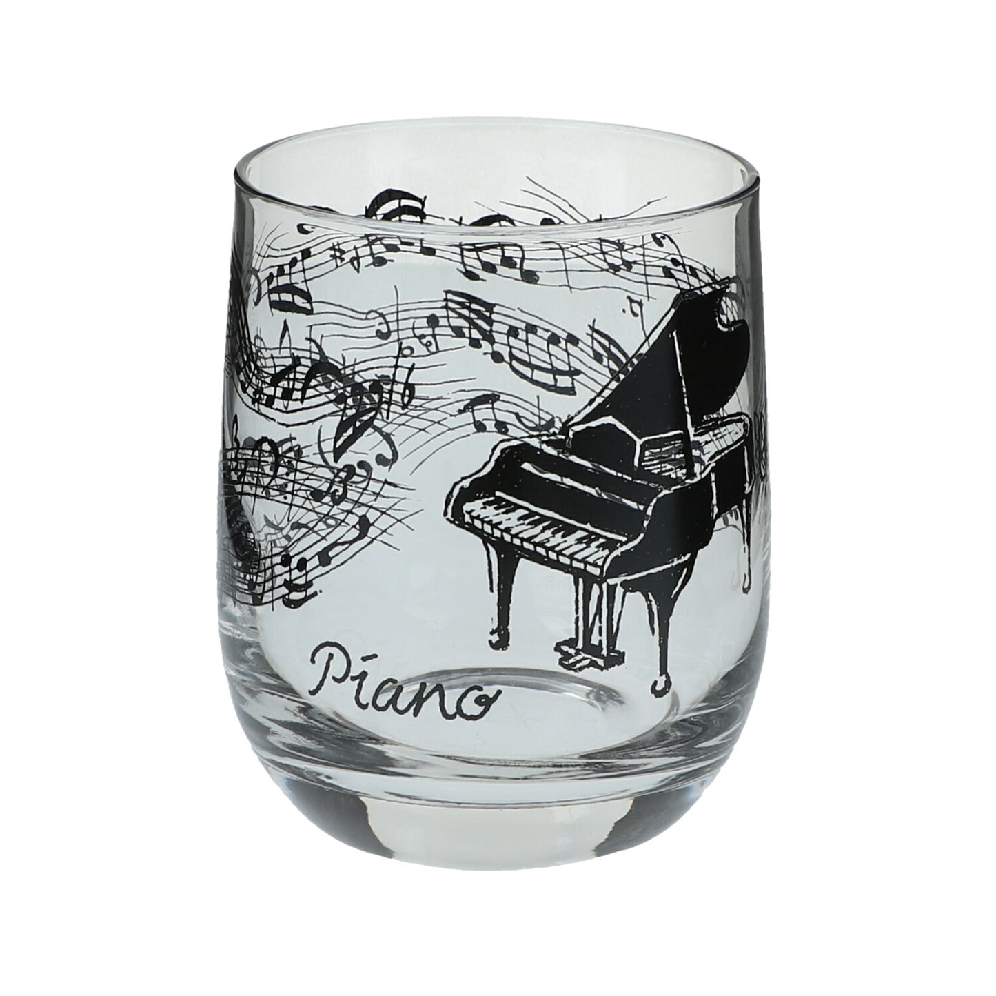 Glas mit Instrumenten und musikalischen Motiven