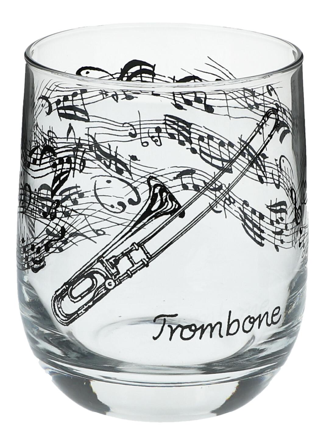 Glas mit Instrumenten und musikalischen Motiven, schwarzer Druck - Instrumente / Design: Posaune