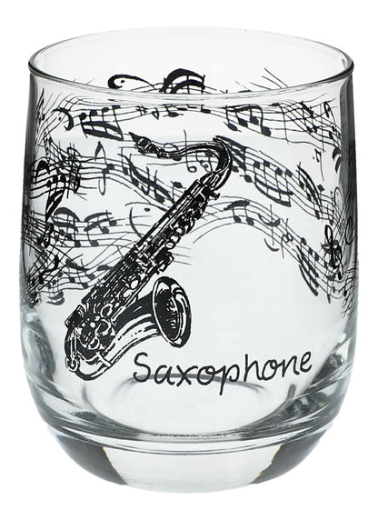 Glas mit Instrumenten und musikalischen Motiven, schwarzer Druck - Instrumente / Design: Saxophon