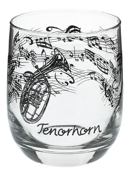 Glas mit Instrumenten und musikalischen Motiven, schwarzer Druck - Instrumente / Design: Tenorhorn