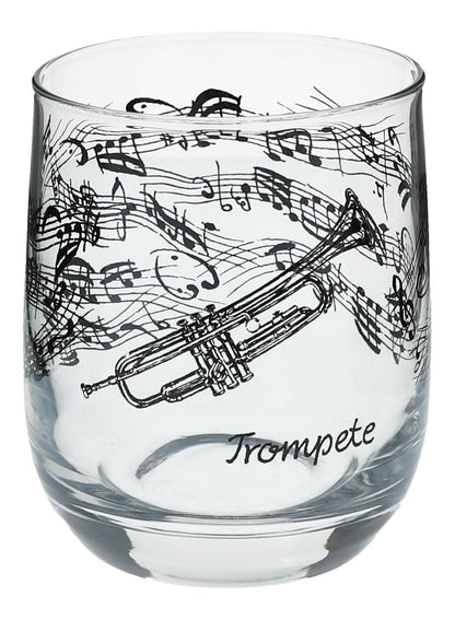 Glas mit Instrumenten und musikalischen Motiven, schwarzer Druck - Instrumente / Design: Trompete