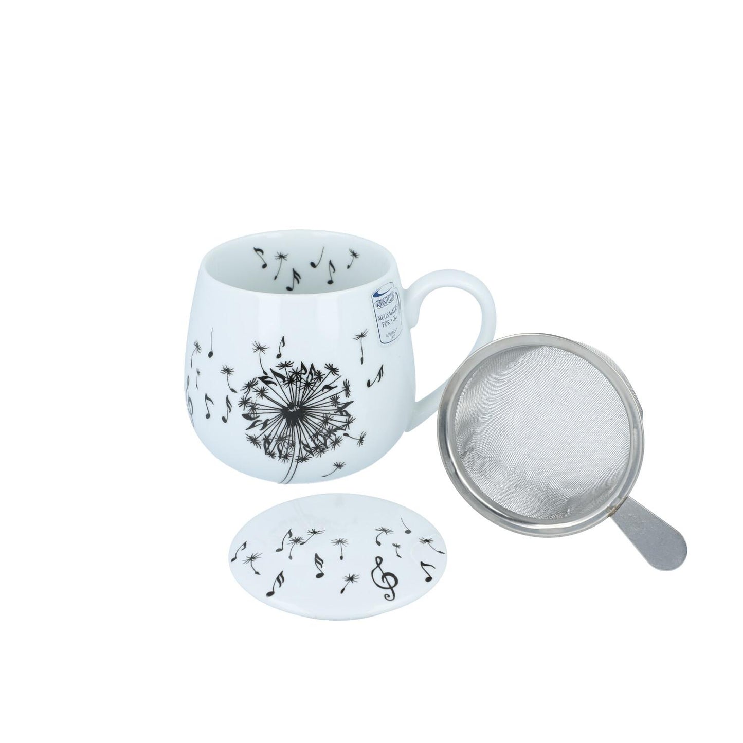 Cuddly mug dandelion with notes, including lid and tea strainer, handle mug