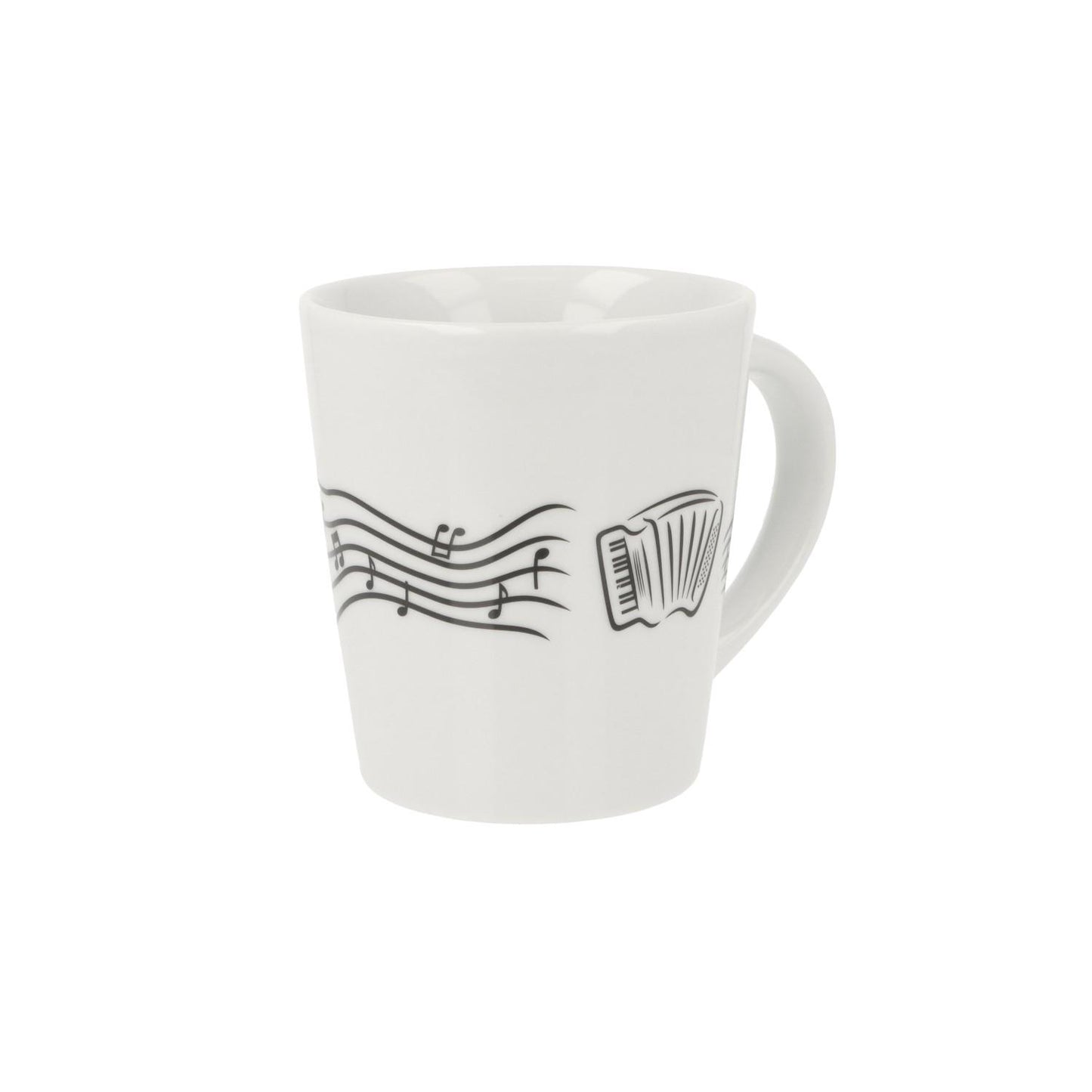 Music mug with musical notes and various instruments