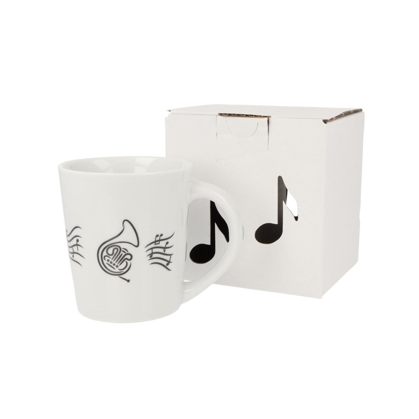 Music mug with musical notes and various instruments