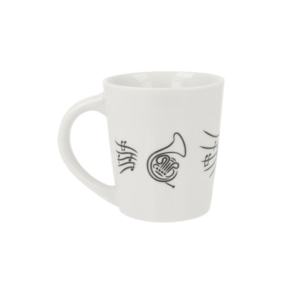 Music mug with musical notes and various instruments