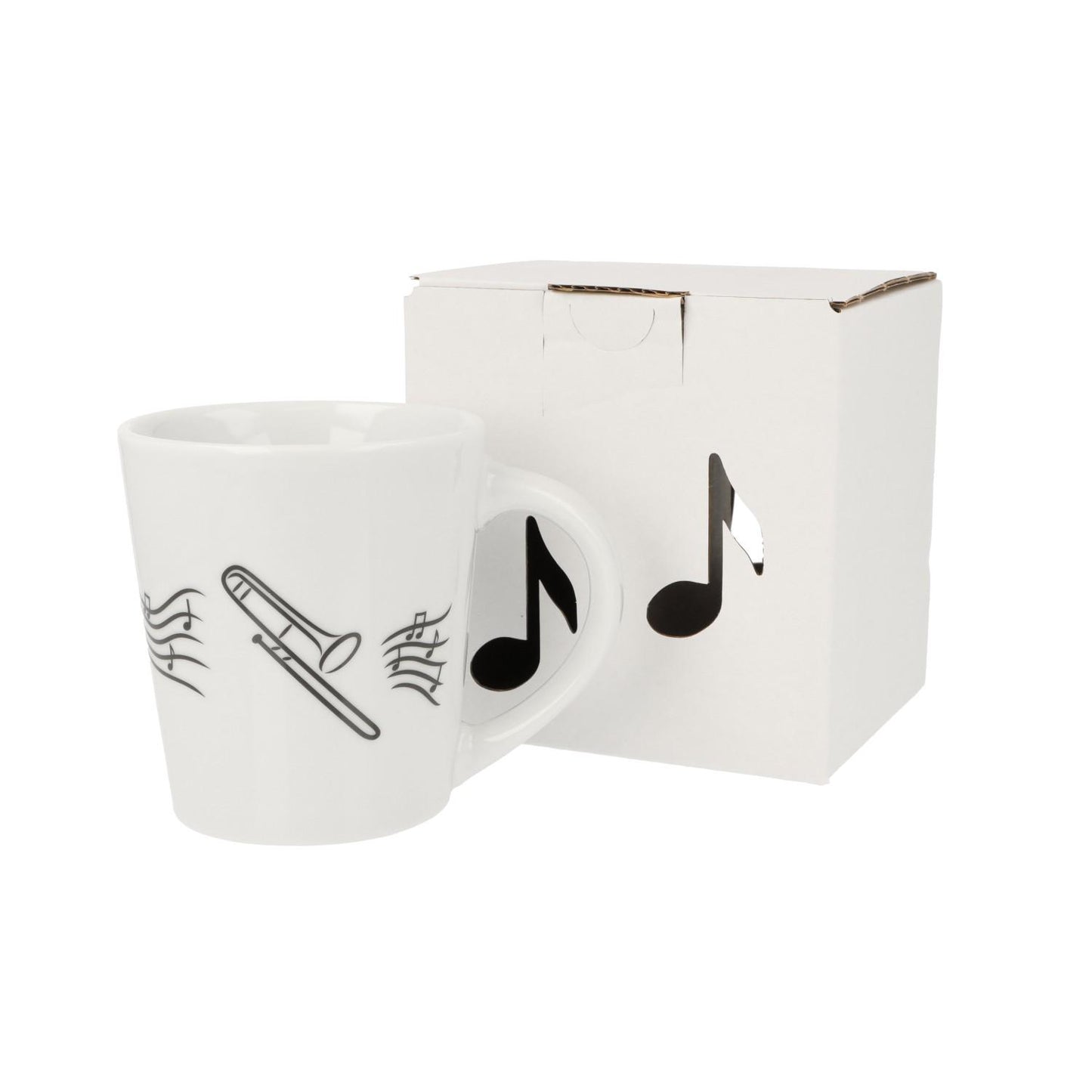 Music mug with musical notes and various instruments