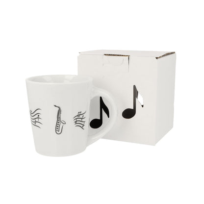 Music mug with musical notes and various instruments