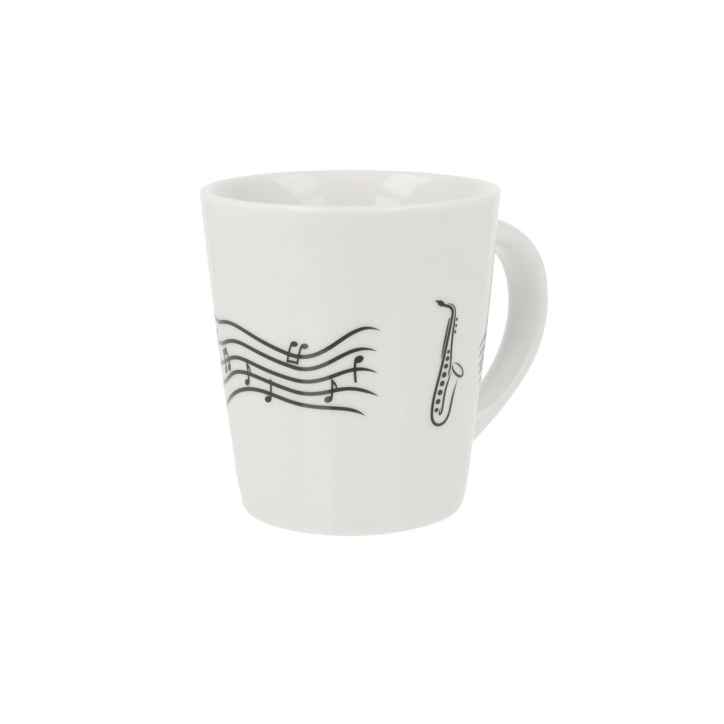 Music mug with musical notes and various instruments