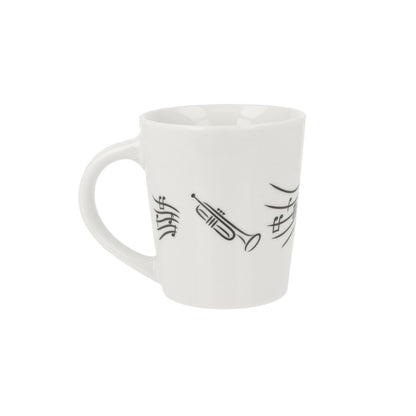 Music mug with musical notes and various instruments