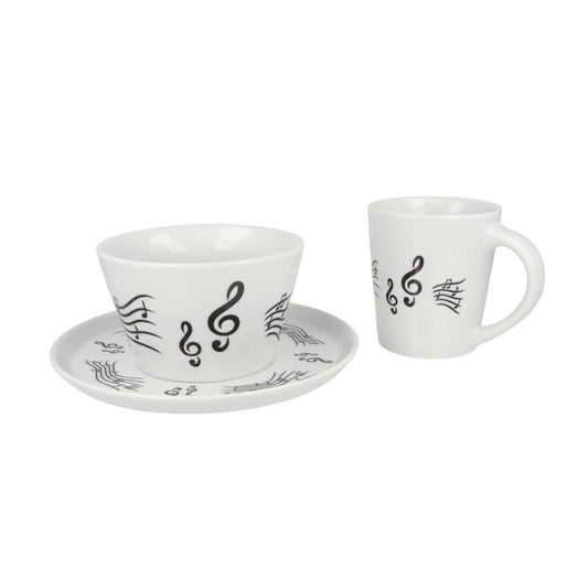 Music collection with plate, cereal bowl and mug with treble clef and music line design