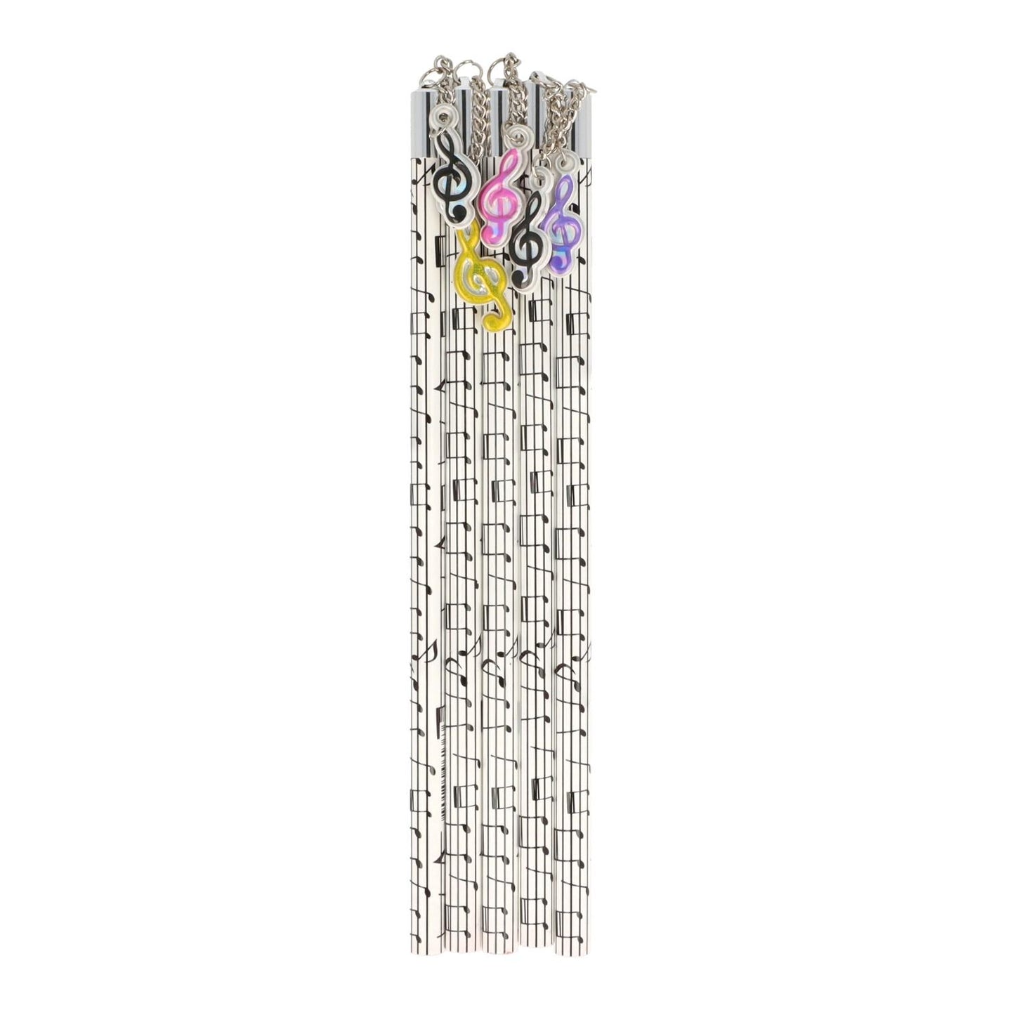 Pencils in white with black music lines and colorful treble clef pendants