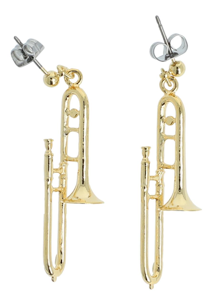 Trombone earrings, silver-plated or gold-plated, brass music