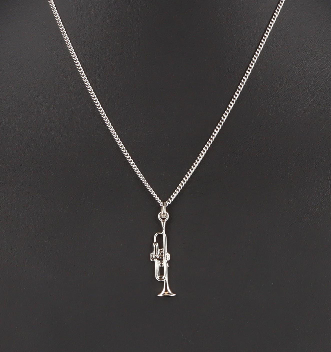 Trompete-Anhänger, mit Kette, versilbert oder vergoldet