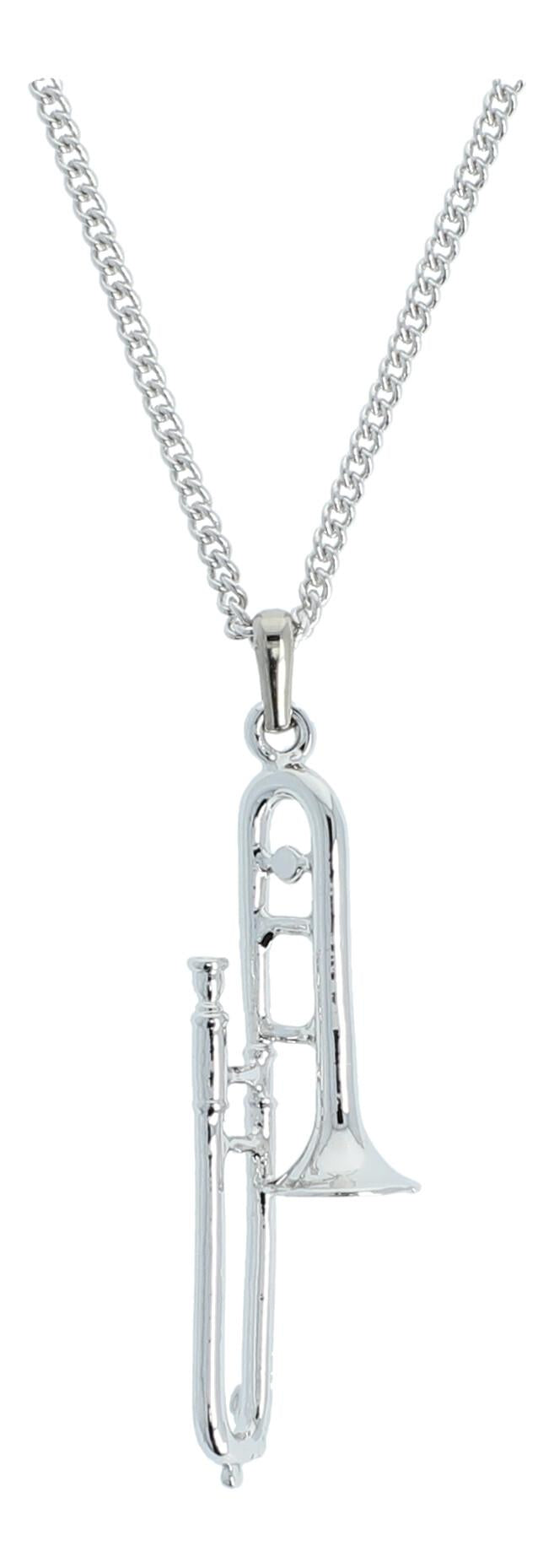 Trombone pendant, with chain, silver-plated or gold-plated, brass music