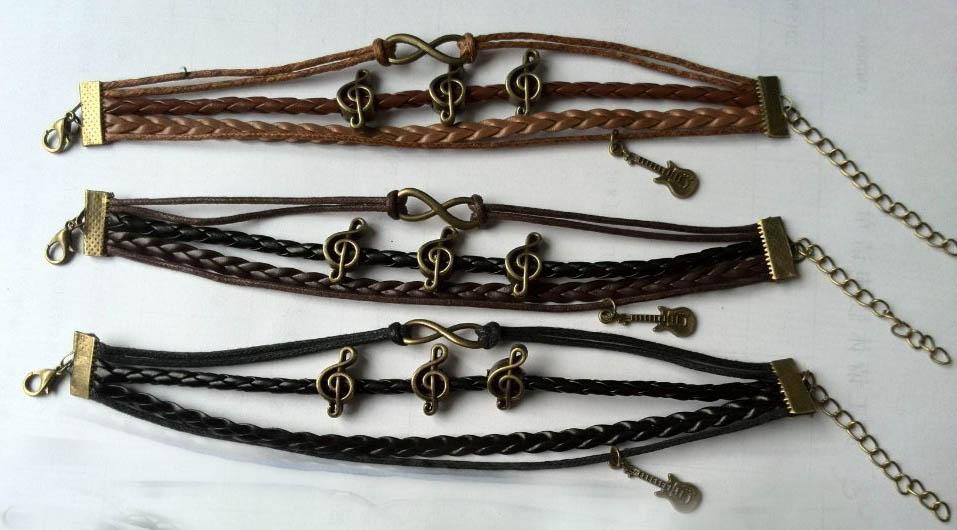 Treble clef and electric guitar bracelet, camel, braided