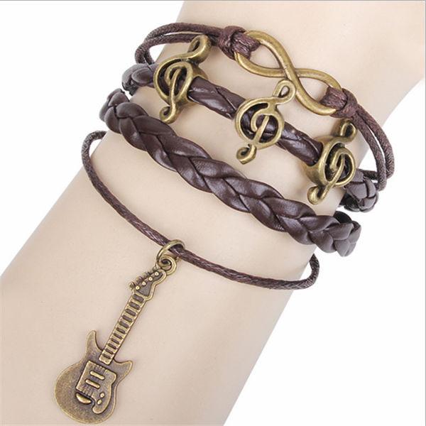 Treble clef and electric guitar bracelet, black, braided