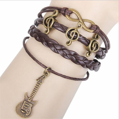 Treble clef and electric guitar bracelet, brown, braided