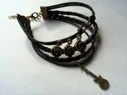 Treble clef and electric guitar bracelet, black, braided