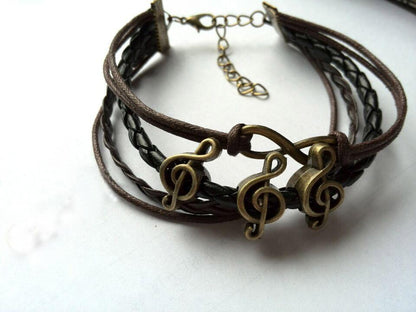 Treble clef bracelet, brown, braided