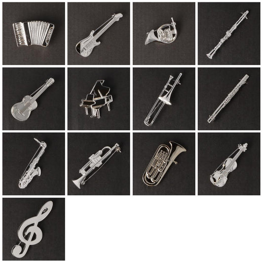 Instrumenten-Brosche, verschiedene Ausführungen, versilbert