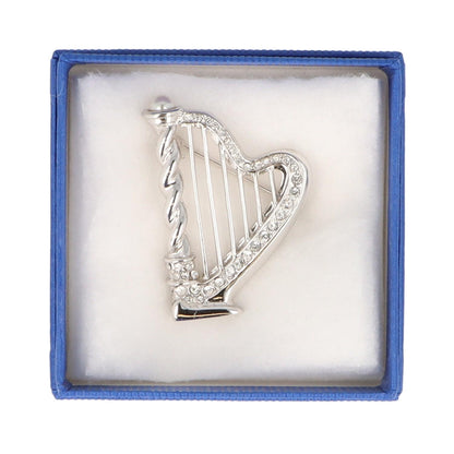 Brosche Harfe mit Schmucksteinen in Geschenkbox, Farbe silber oder silber matt