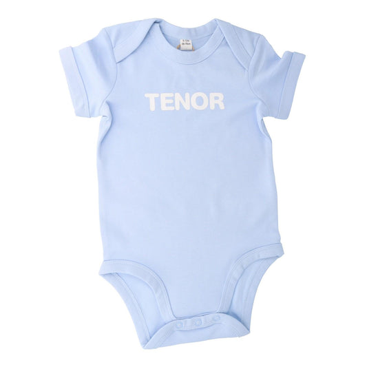 Babybody in blau mit weißem Tenor-Aufdruck in Größe: 74/80