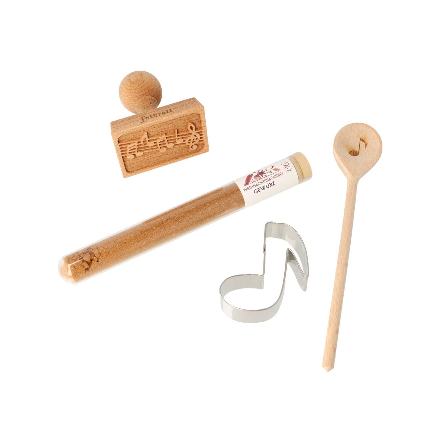 Christmas gift set with cookie stamp, eighth note cutter, mini wooden spoon and spice