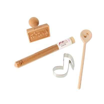 Christmas gift set with cookie stamp, eighth note cutter, mini wooden spoon and spice