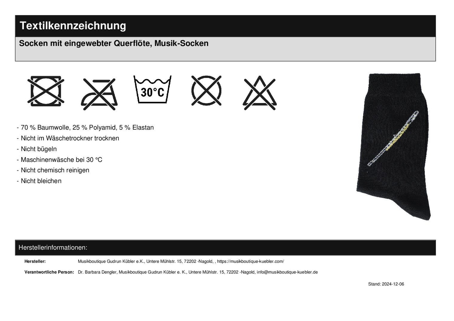 Socken mit eingewebter Querflöte, Musik-Socken