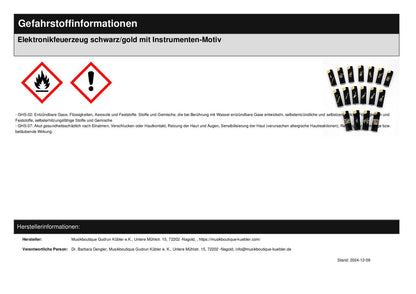 Elektronikfeuerzeug schwarz/gold mit Instrumenten-Motiv