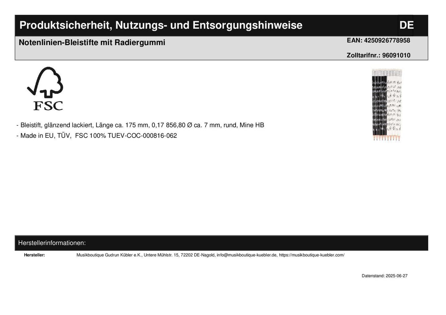 Notenlinien-Bleistifte mit Radiergummi