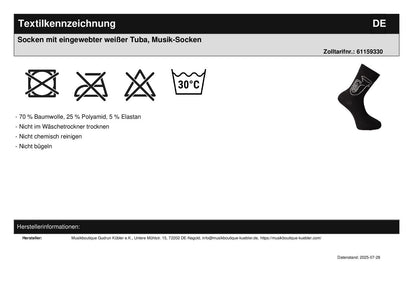 Socken mit eingewebter weißer Tuba, Musik-Socken