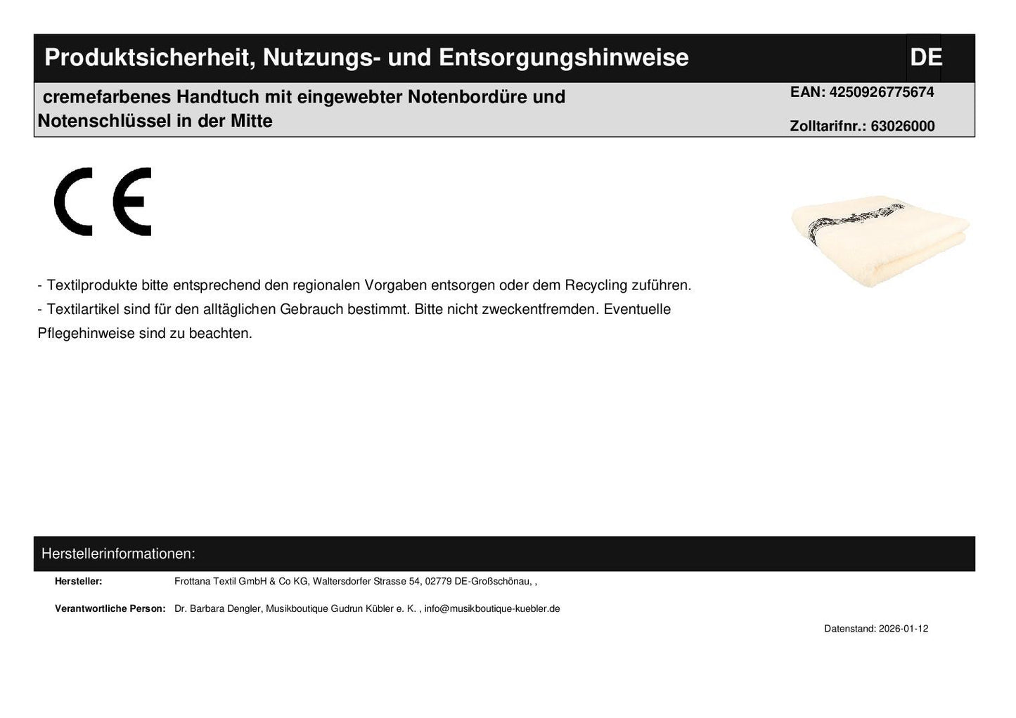 cremefarbenes Handtuch mit eingewebter Notenbordüre und Notenschlüssel in der Mitte