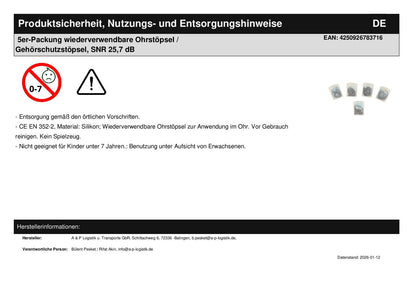 Pack of 5 reusable earplugs / hearing protection plugs, SNR 25.7 dB