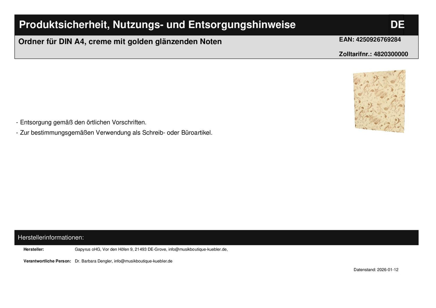 Folder for DIN A4, cream with golden shiny notes