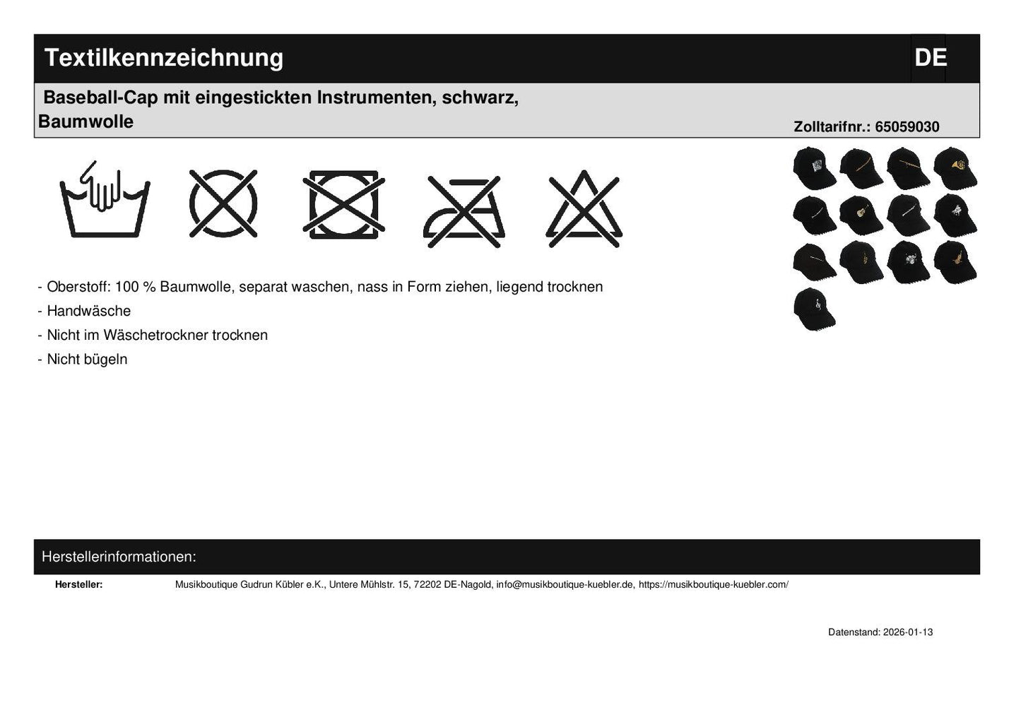 Baseball cap with embroidered instruments, black, cotton