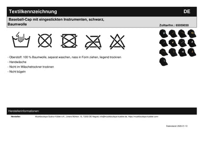 Baseball cap with embroidered instruments, black, cotton