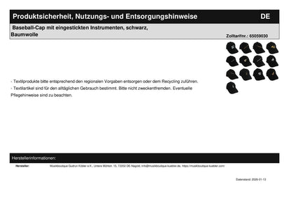 Baseball cap with embroidered instruments, black, cotton