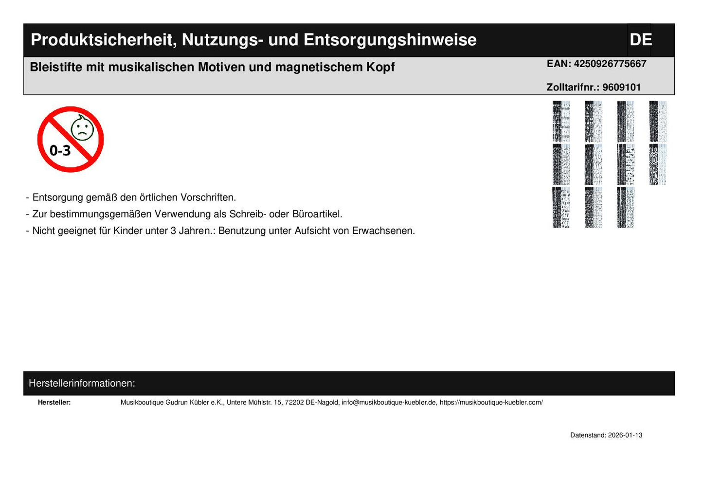 Pencils with musical motifs and magnetic head
