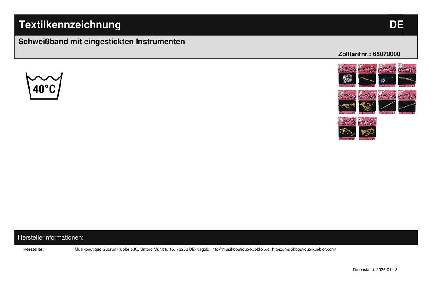 Sweatband with embroidered instruments