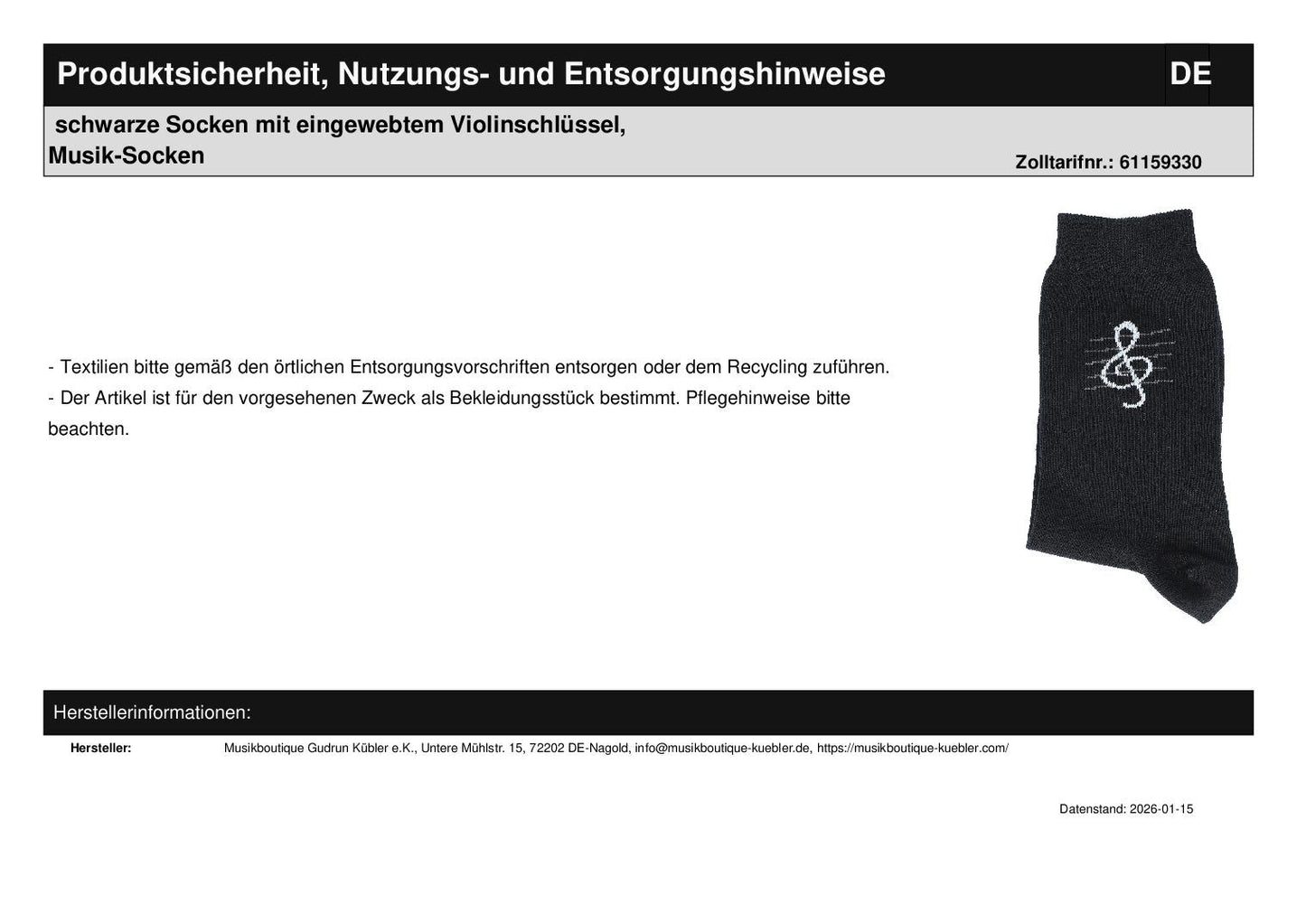 schwarze Socken mit eingewebtem Violinschlüssel, Musik-Socken